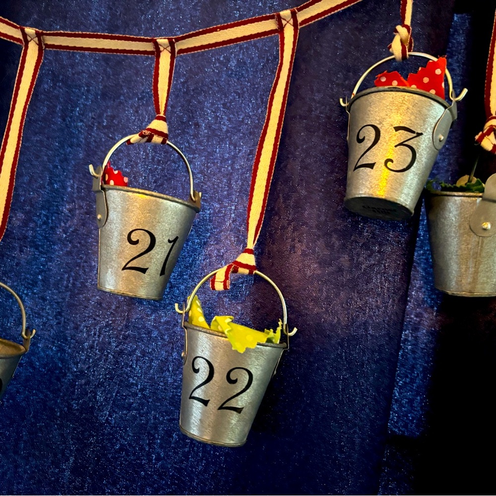 Garnet Hill Advent Calendar, Mini Hanging Tin Buckets vintage